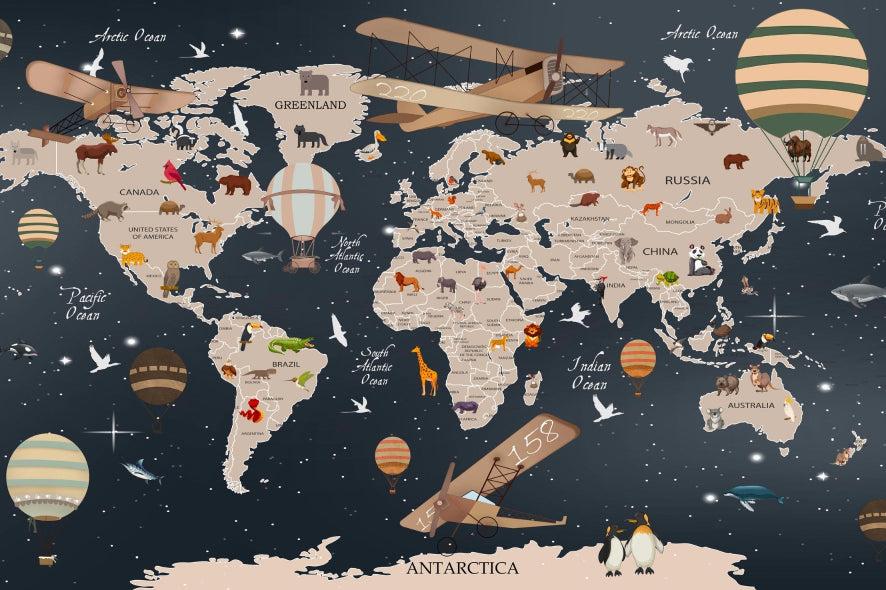 Papier peint carte du monde animaux bleu nuit