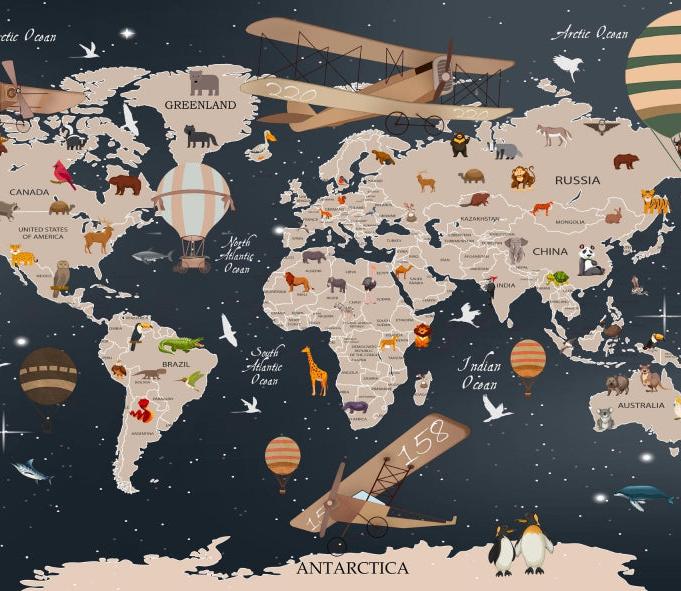Papier peint carte du monde animaux bleu nuit