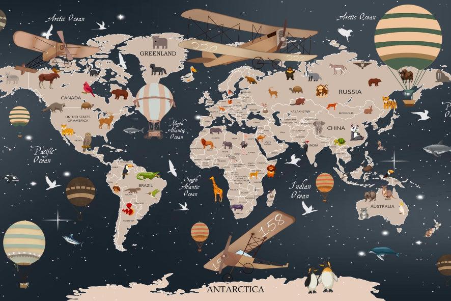 Papier peint carte du monde animaux bleu nuit