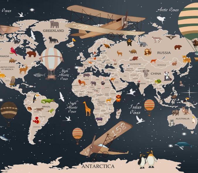 Papier peint carte du monde animaux bleu nuit