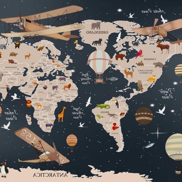 Papier peint carte du monde animaux bleu nuit