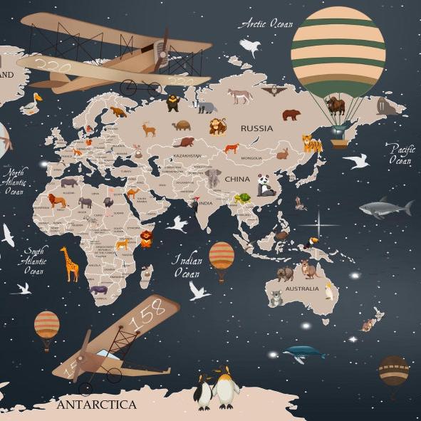 Papier peint carte du monde animaux bleu nuit