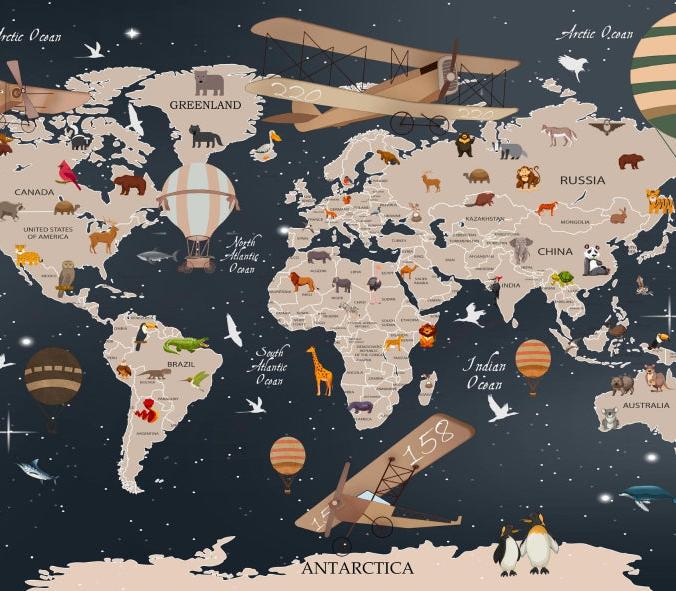 Papier peint carte du monde animaux bleu nuit