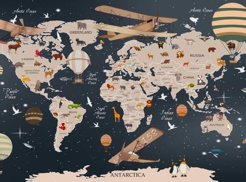 Papier peint carte du monde animaux bleu nuit