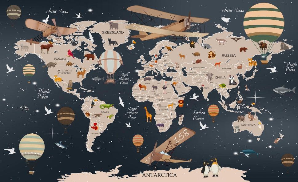 Papier peint carte du monde animaux bleu nuit