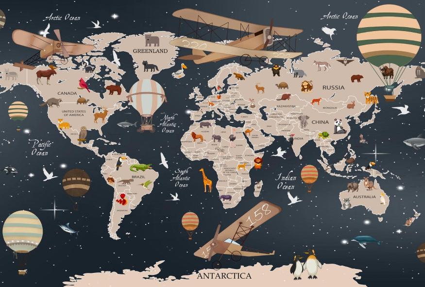 Papier peint carte du monde animaux bleu nuit