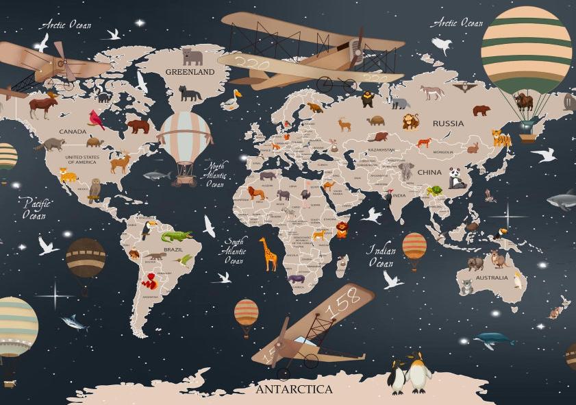 Papier peint carte du monde animaux bleu nuit