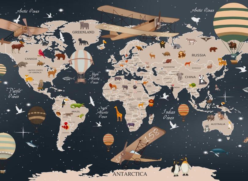 Papier peint carte du monde animaux bleu nuit