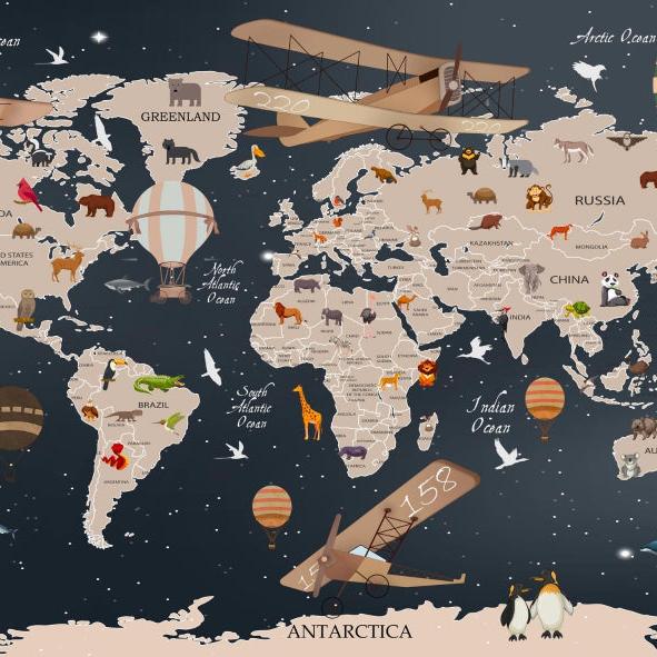 Papier peint carte du monde animaux bleu nuit