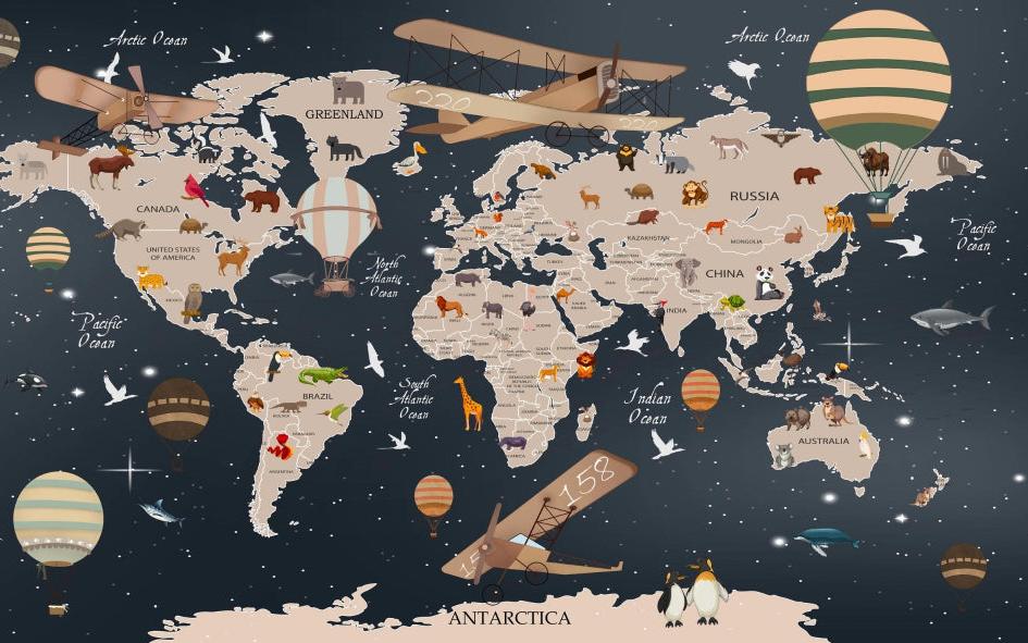 Papier peint carte du monde animaux bleu nuit