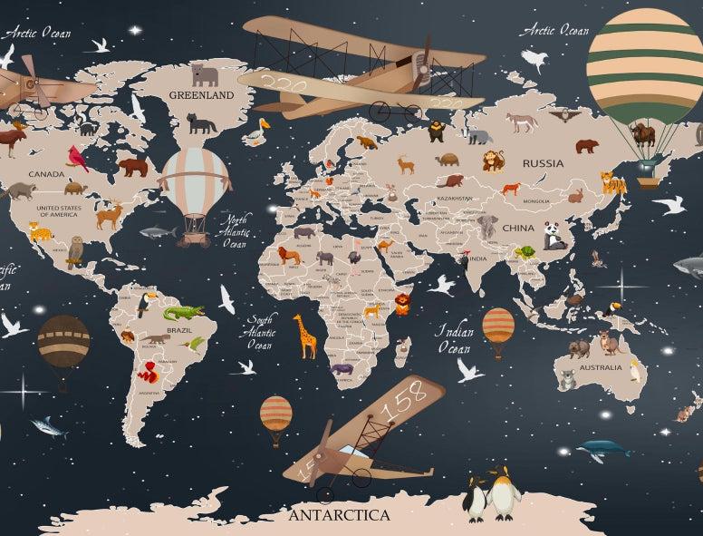 Papier peint carte du monde animaux bleu nuit