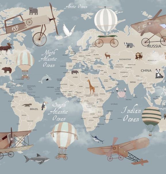 Papier peint carte du monde montgolfières
