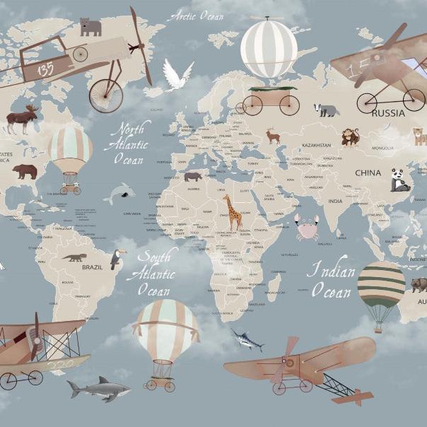 Papier peint carte du monde montgolfières