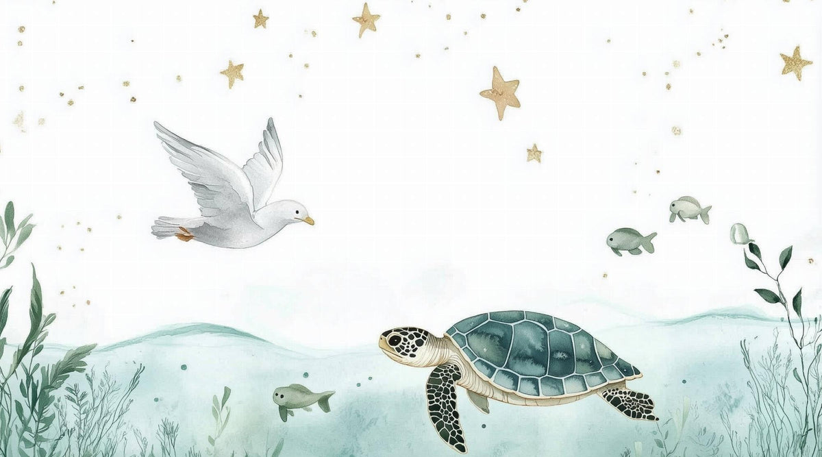 Papier peint océan tortue et étoiles dorées