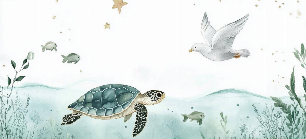 Papier peint océan tortue et étoiles dorées
