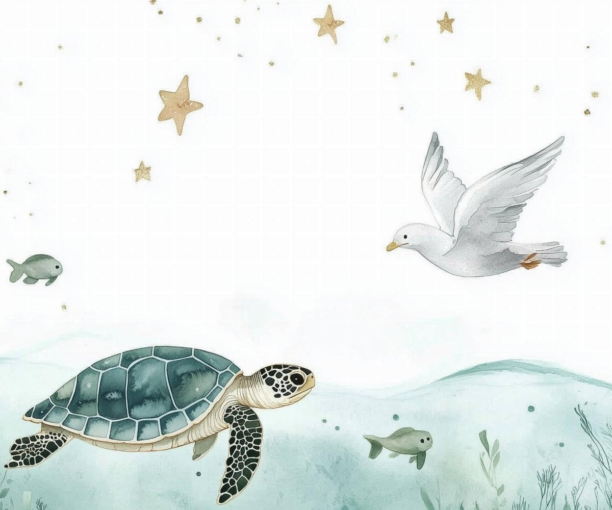 Papier peint océan tortue et étoiles dorées
