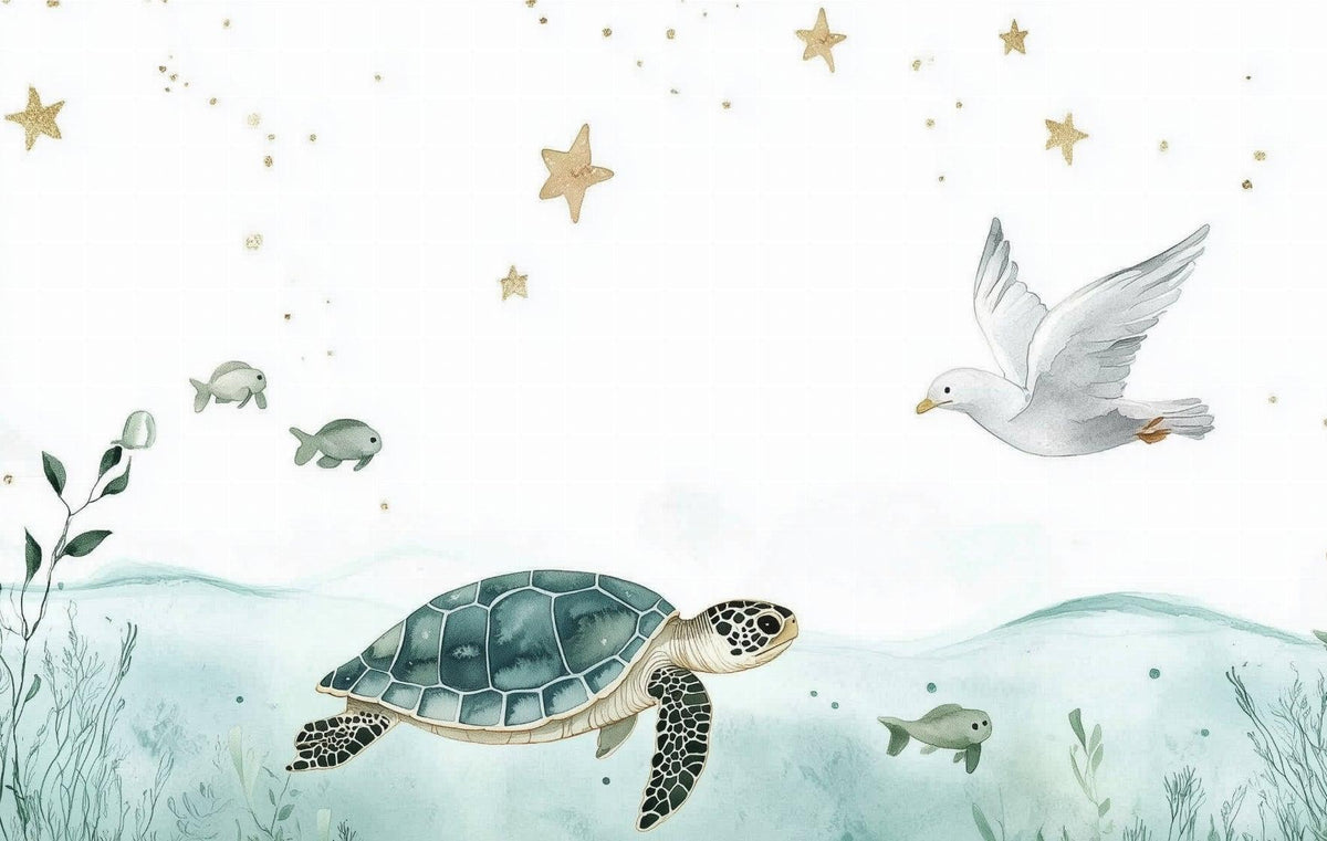 Papier peint océan tortue et étoiles dorées