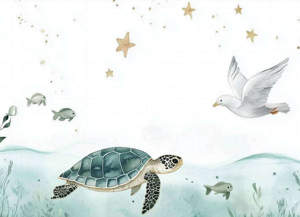 Papier peint océan tortue et étoiles dorées