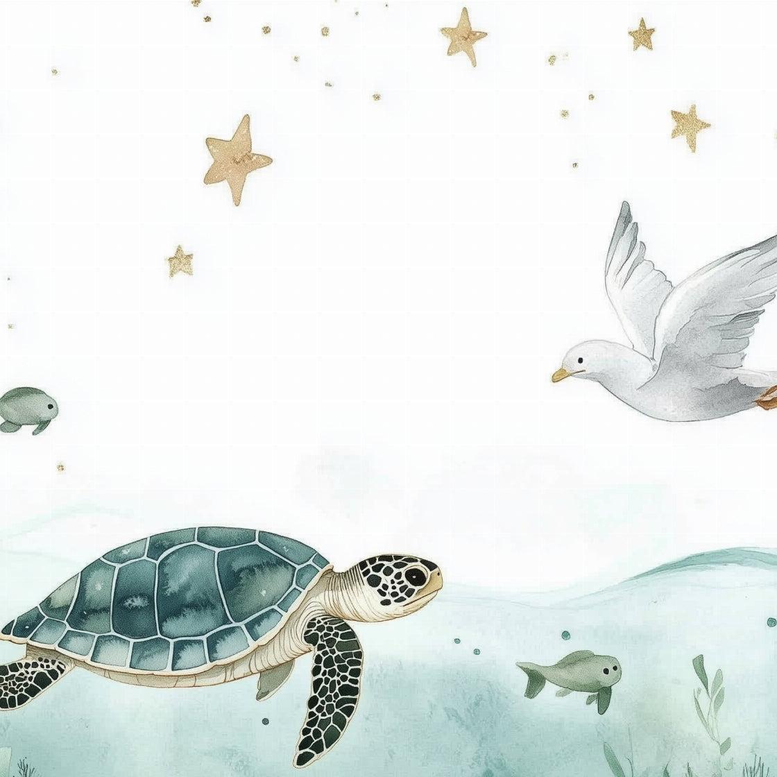 Papier peint océan tortue et étoiles dorées