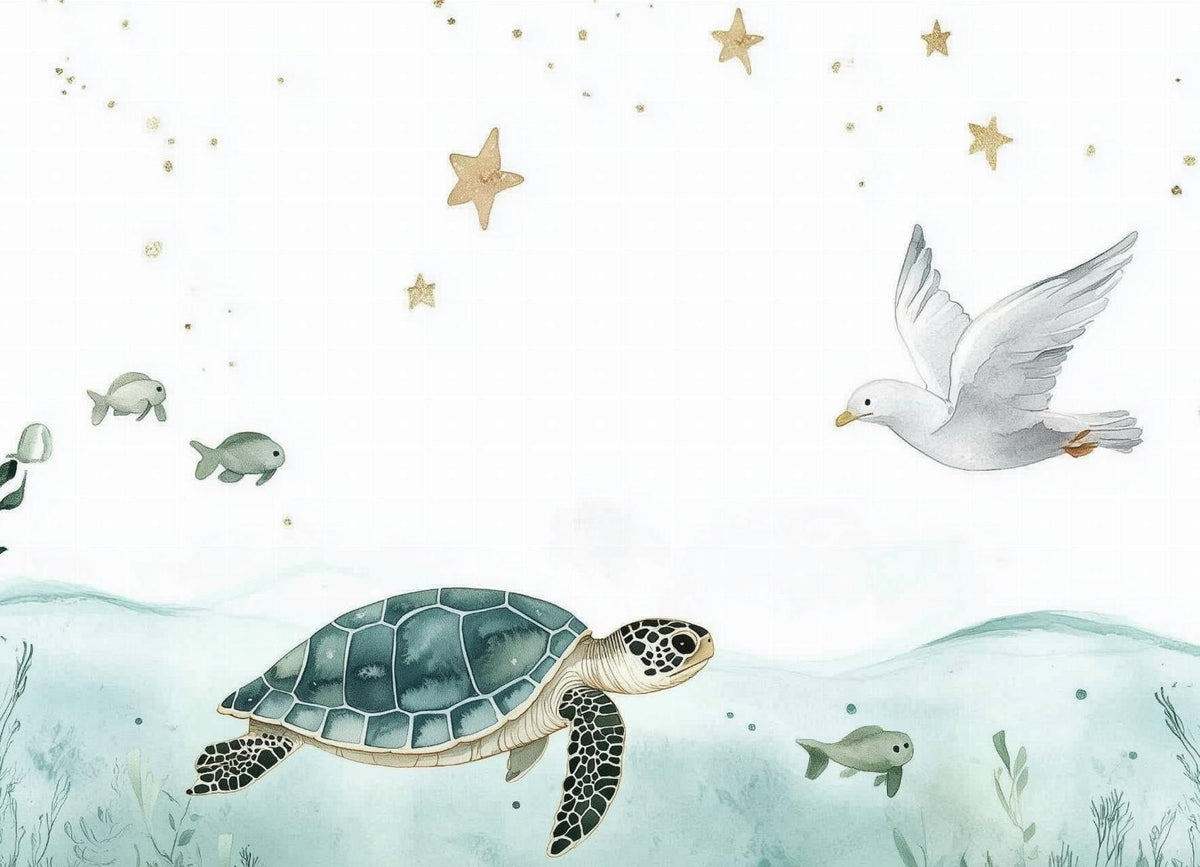 Papier peint océan tortue et étoiles dorées