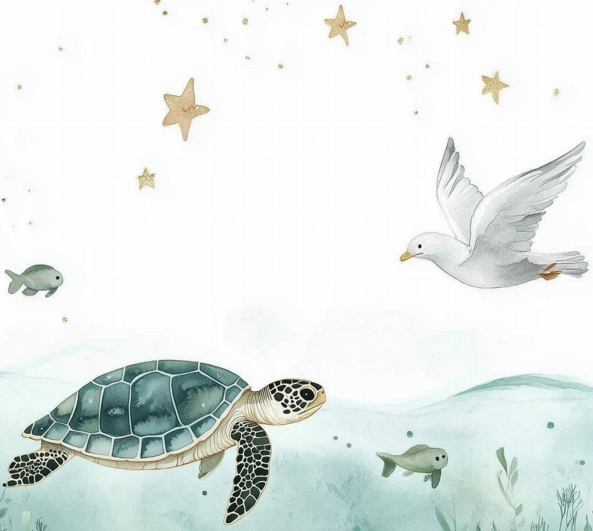 Papier peint océan tortue et étoiles dorées