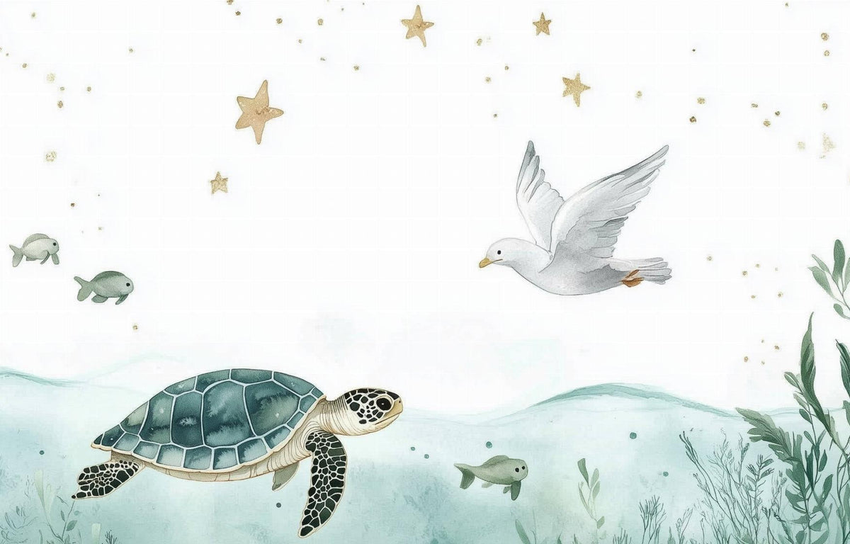 Papier peint océan tortue et étoiles dorées