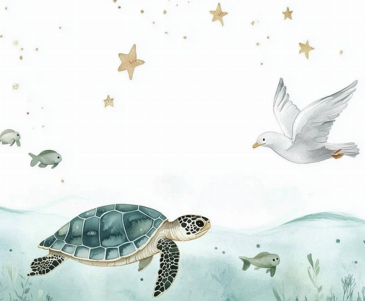Papier peint océan tortue et étoiles dorées