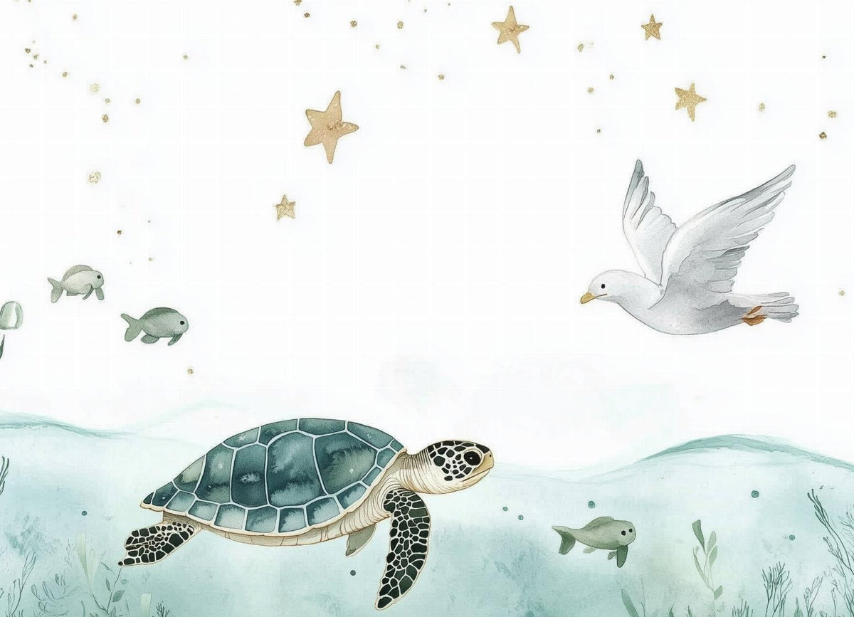 Papier peint océan tortue et étoiles dorées