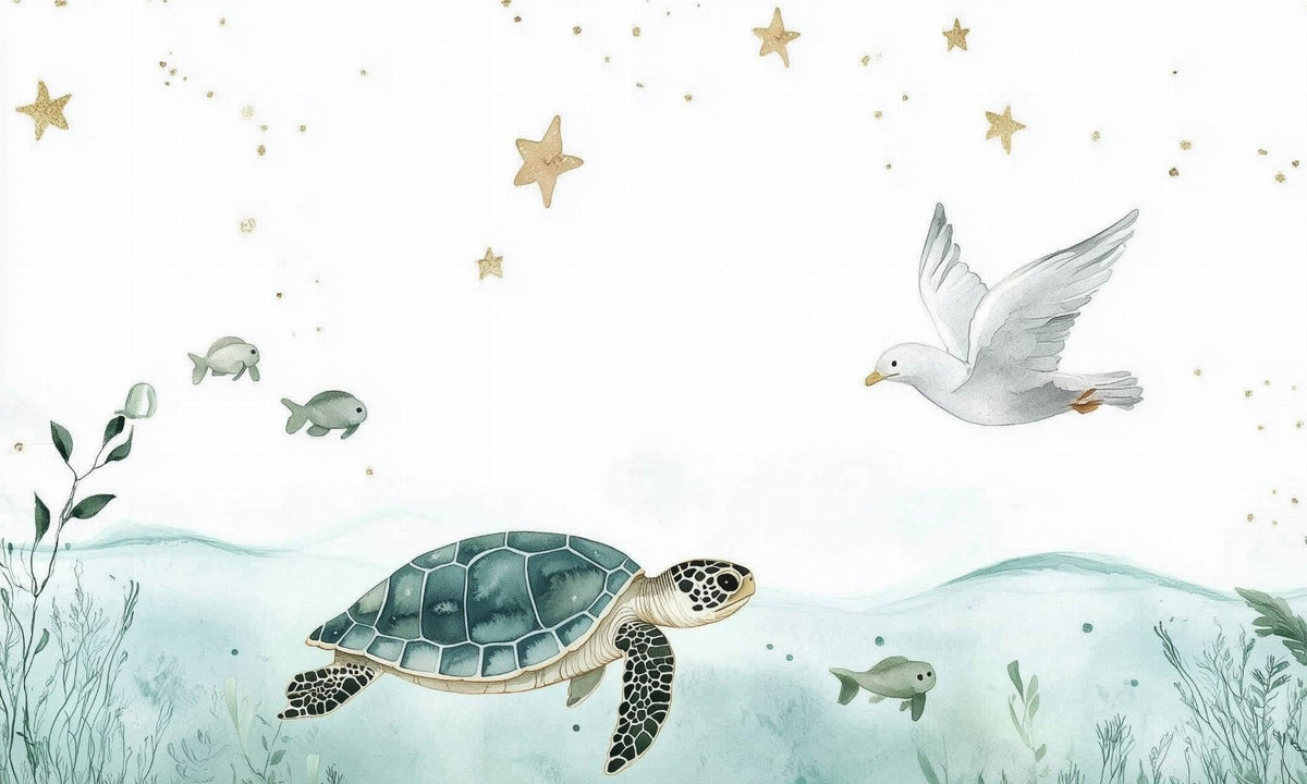 Papier peint océan tortue et étoiles dorées