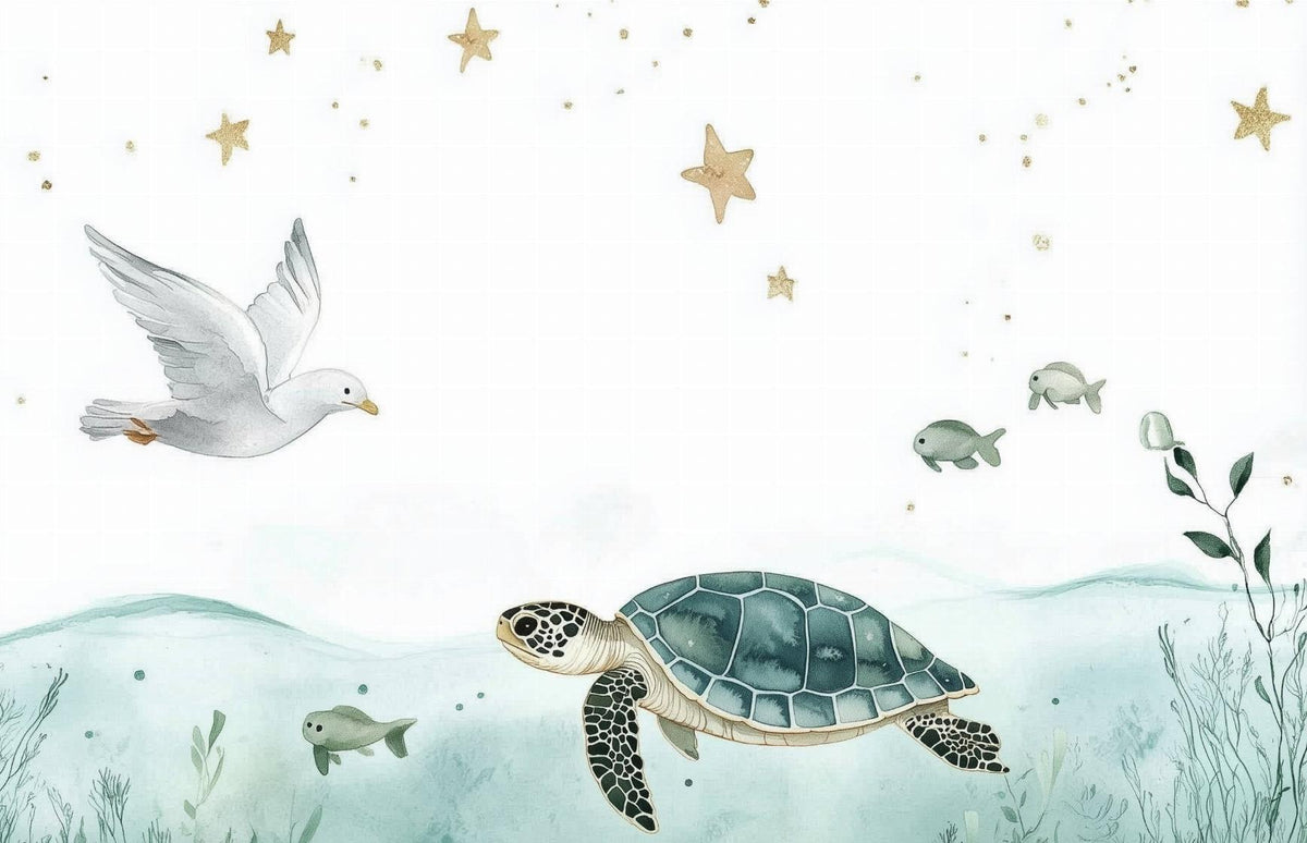 Papier peint océan tortue et étoiles dorées