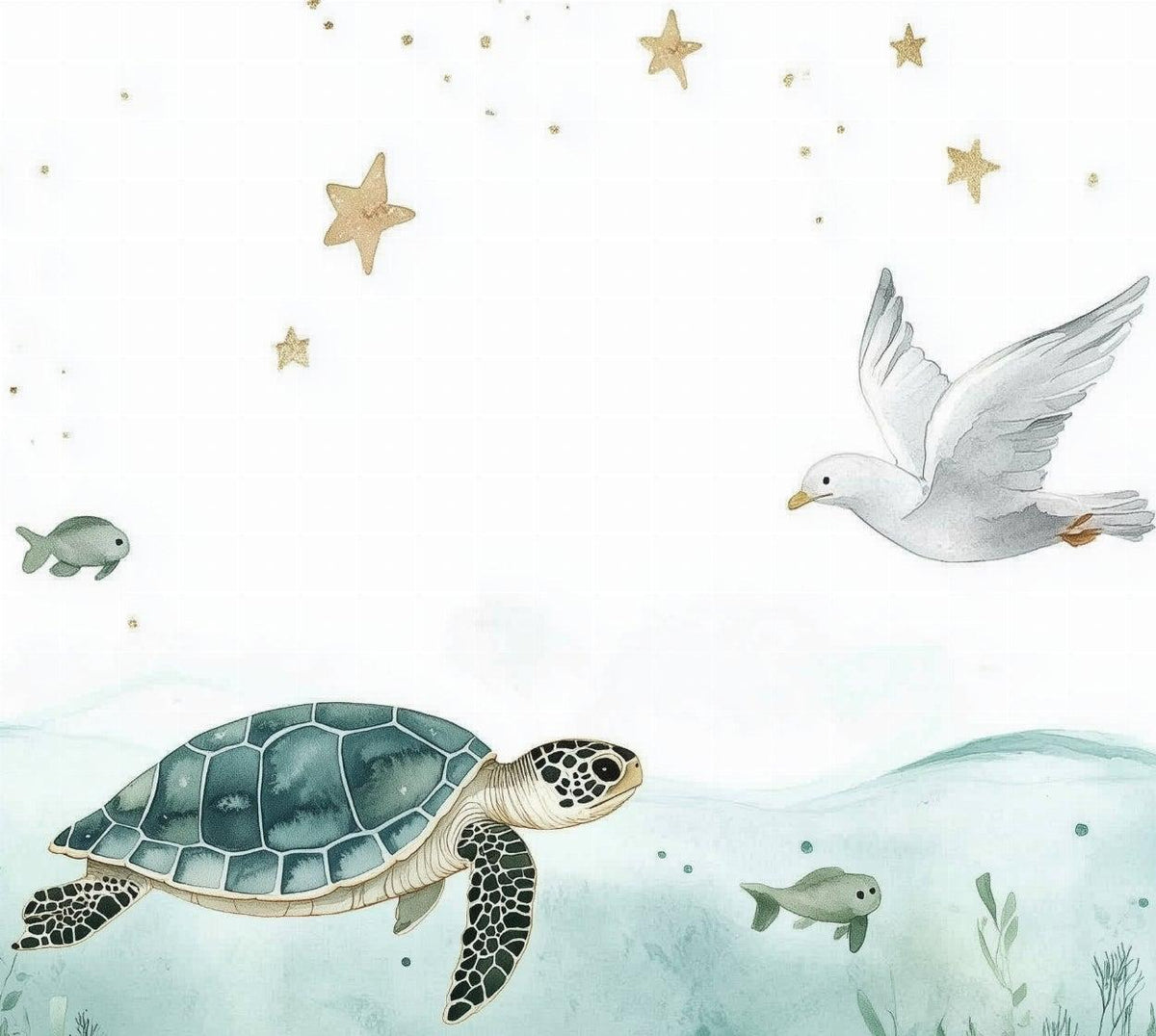 Papier peint océan tortue et étoiles dorées