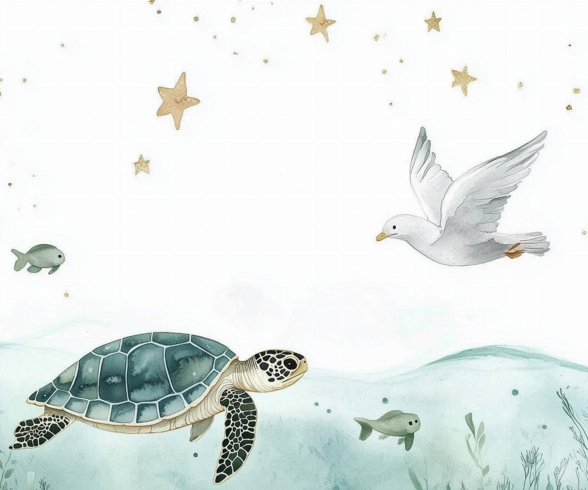 Papier peint océan tortue et étoiles dorées