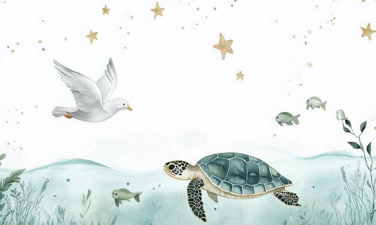 Papier peint océan tortue et étoiles dorées