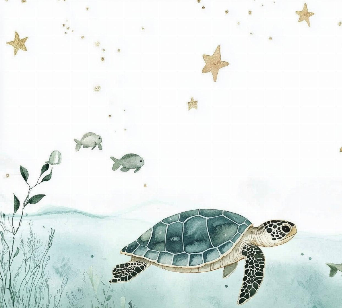 Papier peint océan tortue et étoiles dorées