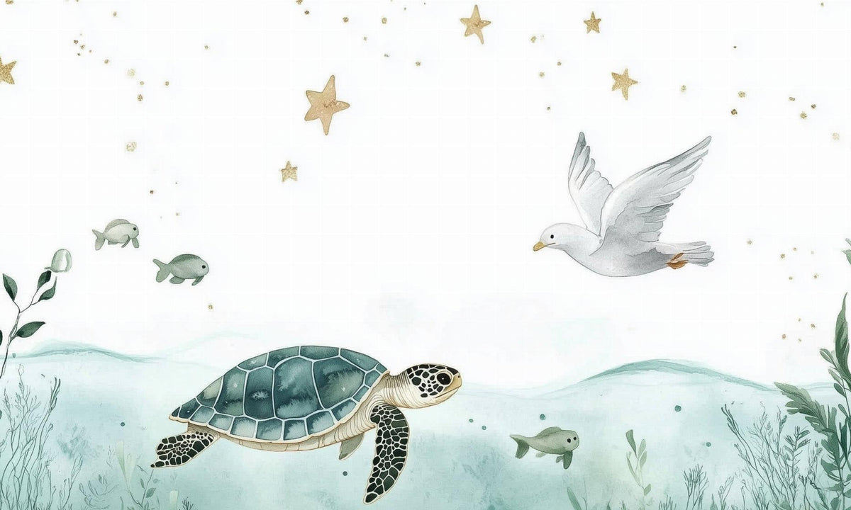 Papier peint océan tortue et étoiles dorées