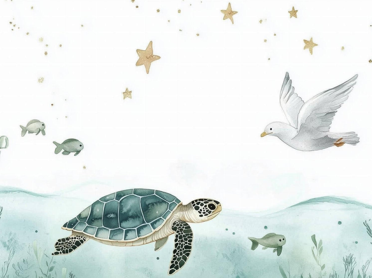 Papier peint océan tortue et étoiles dorées