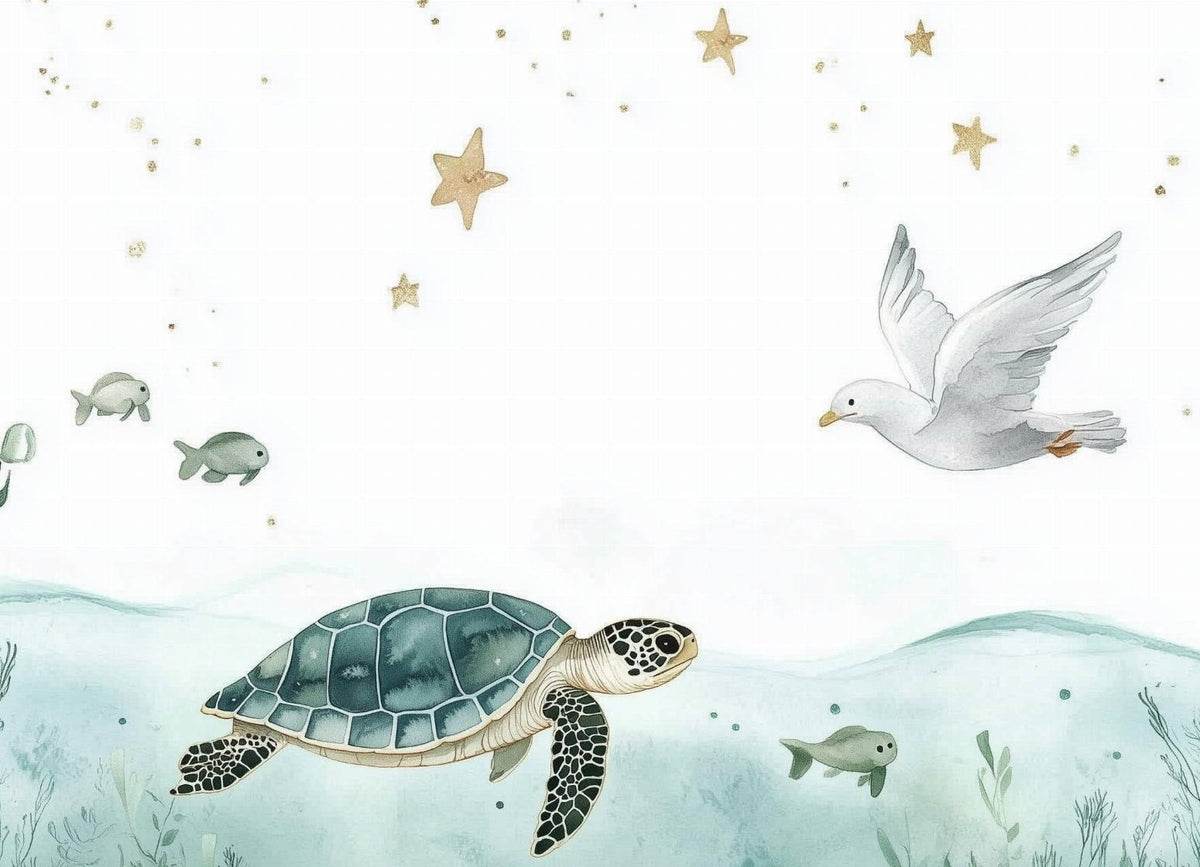 Papier peint océan tortue et étoiles dorées