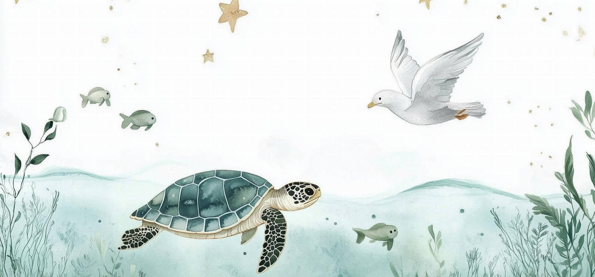 Papier peint océan tortue et étoiles dorées