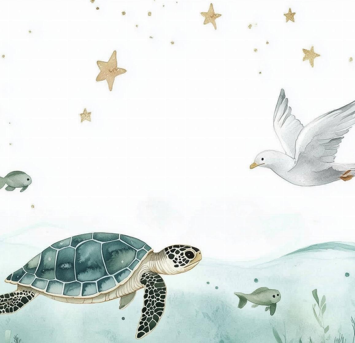 Papier peint océan tortue et étoiles dorées