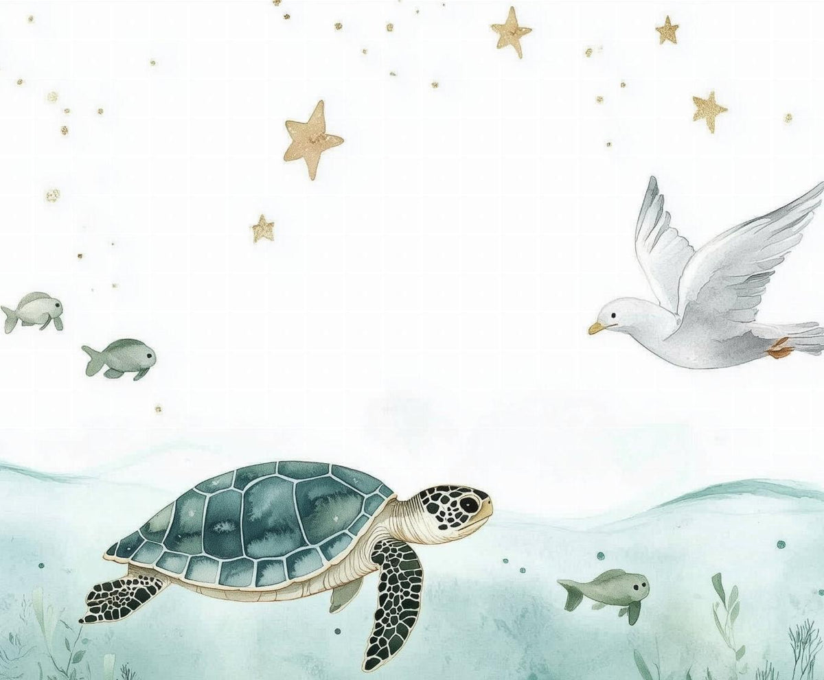 Papier peint océan tortue et étoiles dorées