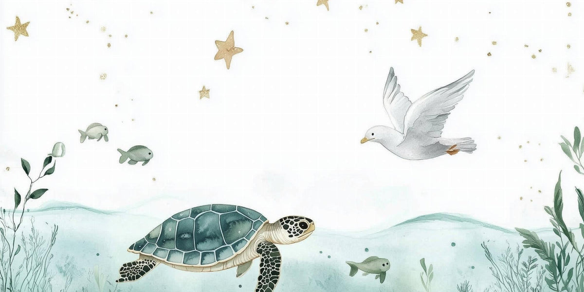 Papier peint océan tortue et étoiles dorées