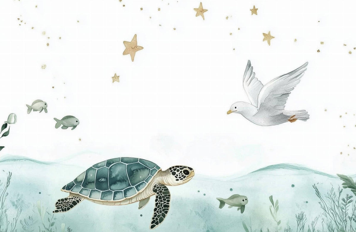 Papier peint océan tortue et étoiles dorées