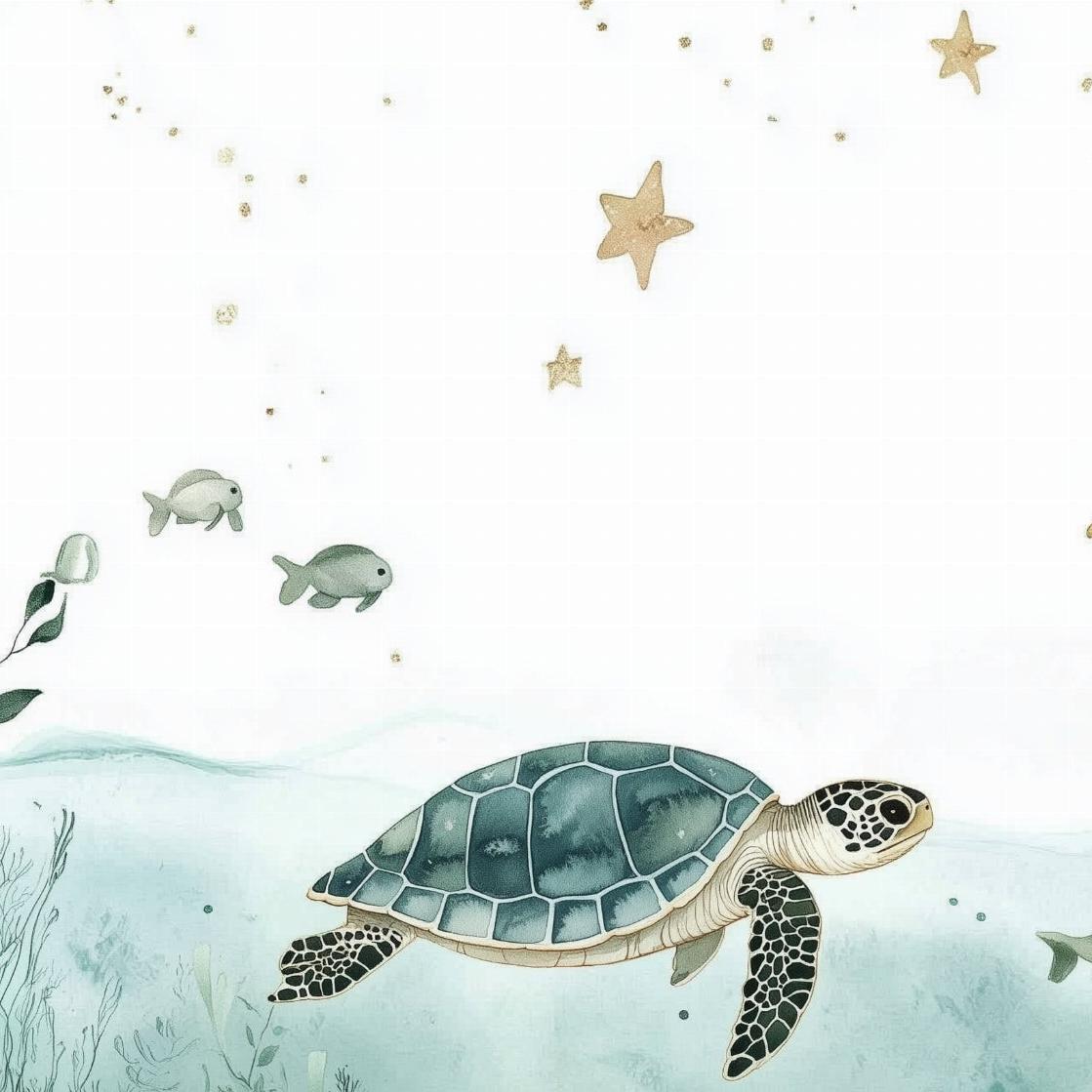 Papier peint océan tortue et étoiles dorées
