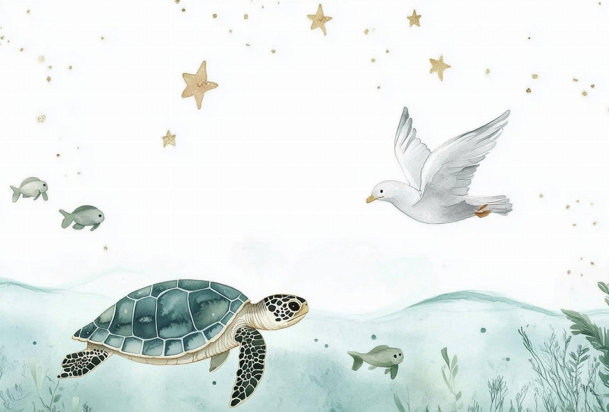 Papier peint océan tortue et étoiles dorées
