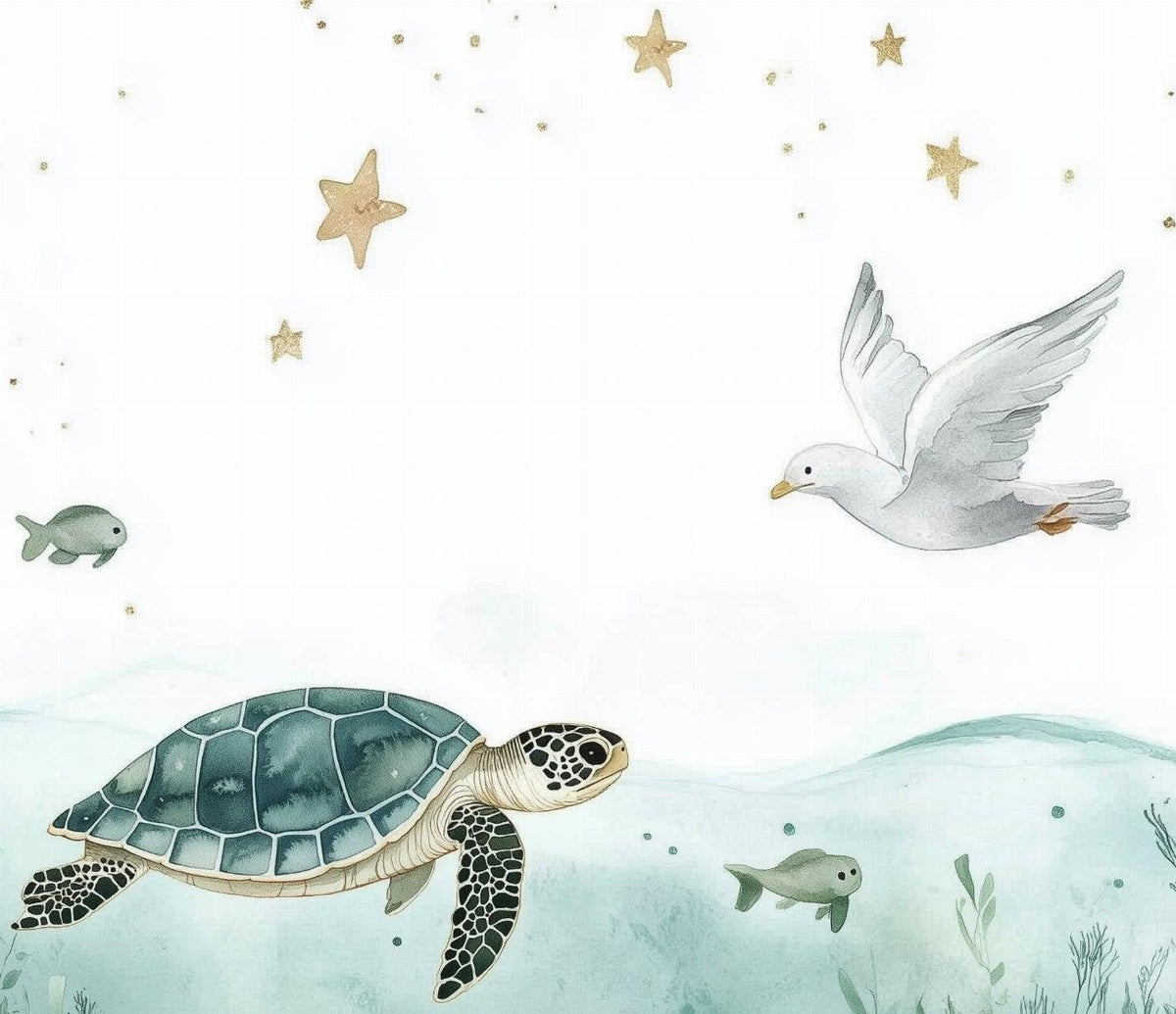 Papier peint océan tortue et étoiles dorées