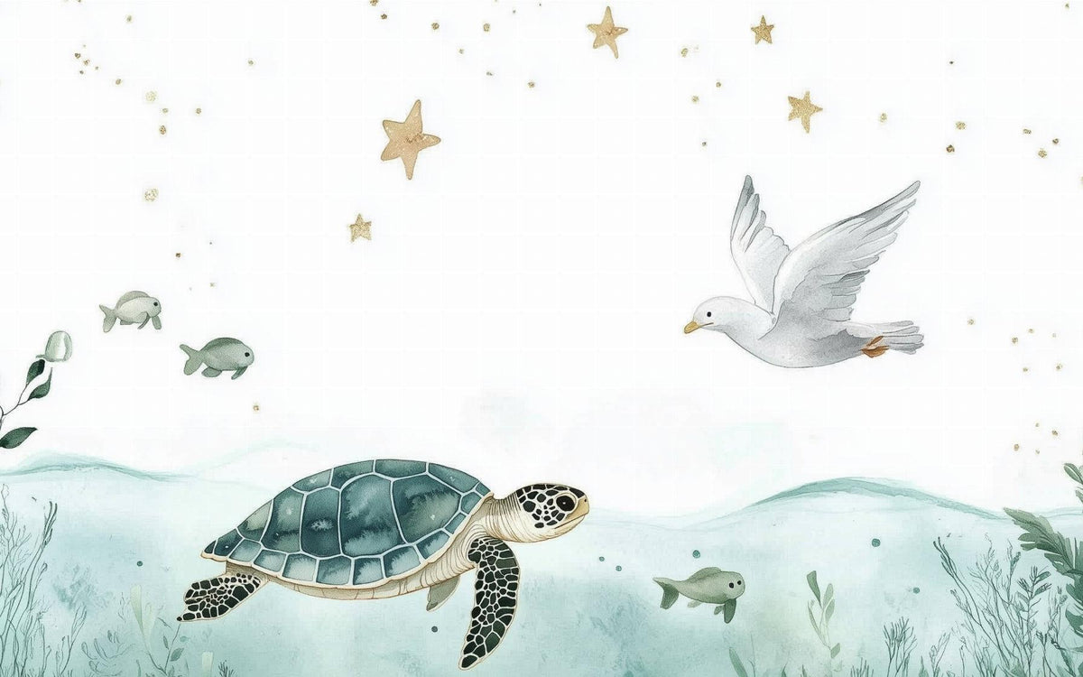 Papier peint océan tortue et étoiles dorées