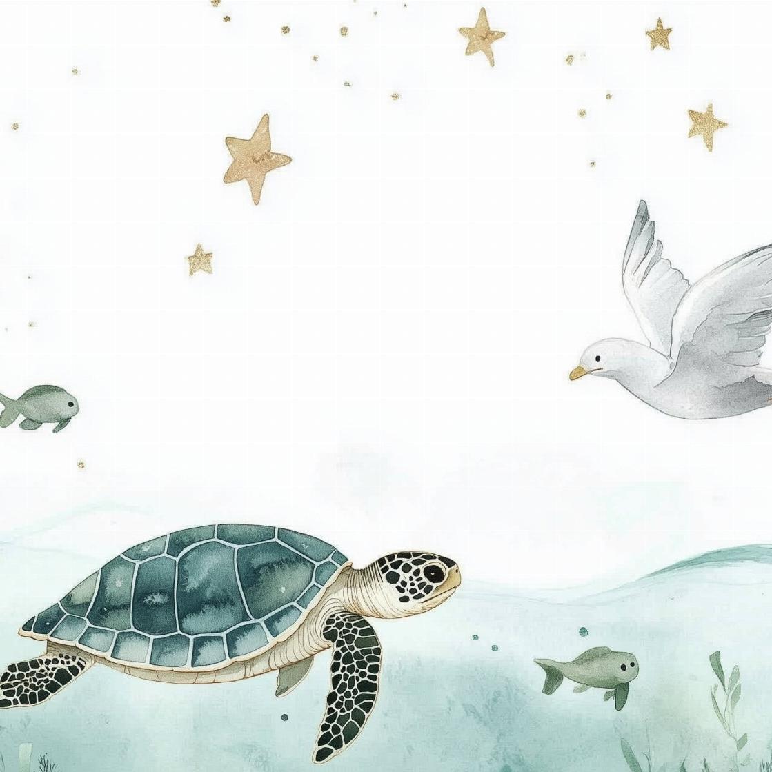 Papier peint océan tortue et étoiles dorées