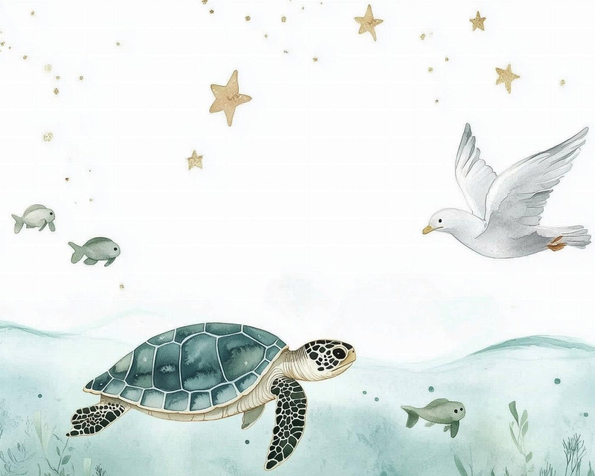 Papier peint océan tortue et étoiles dorées