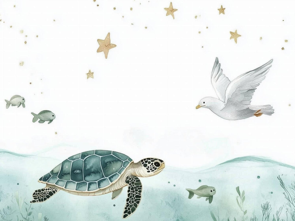 Papier peint océan tortue et étoiles dorées