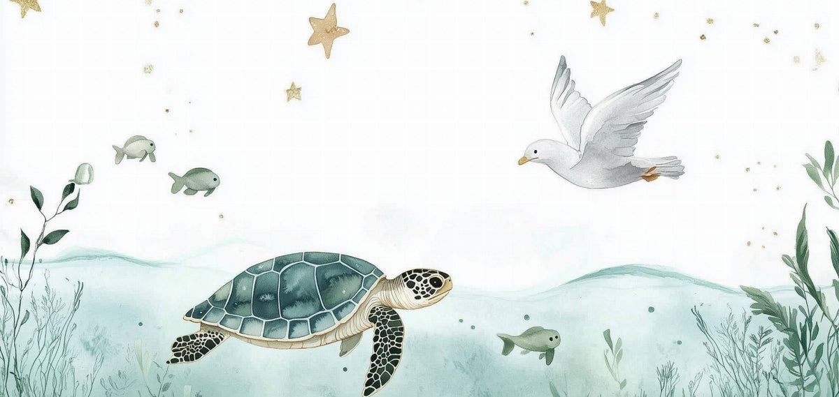 Papier peint océan tortue et étoiles dorées